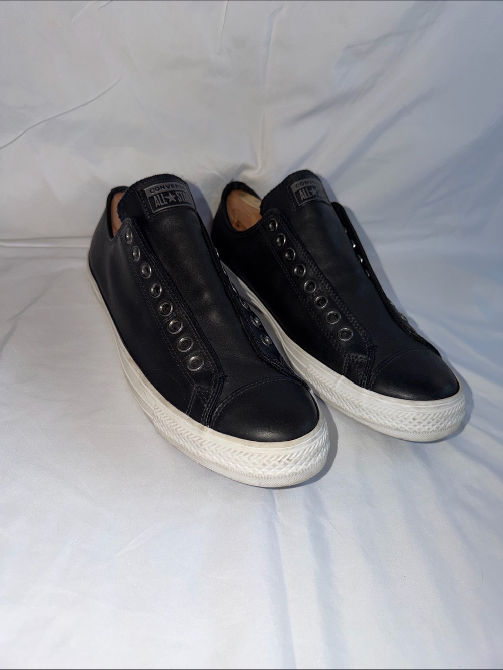 Converse Black Leather Slip-On Low Top Sneakers with White Sole